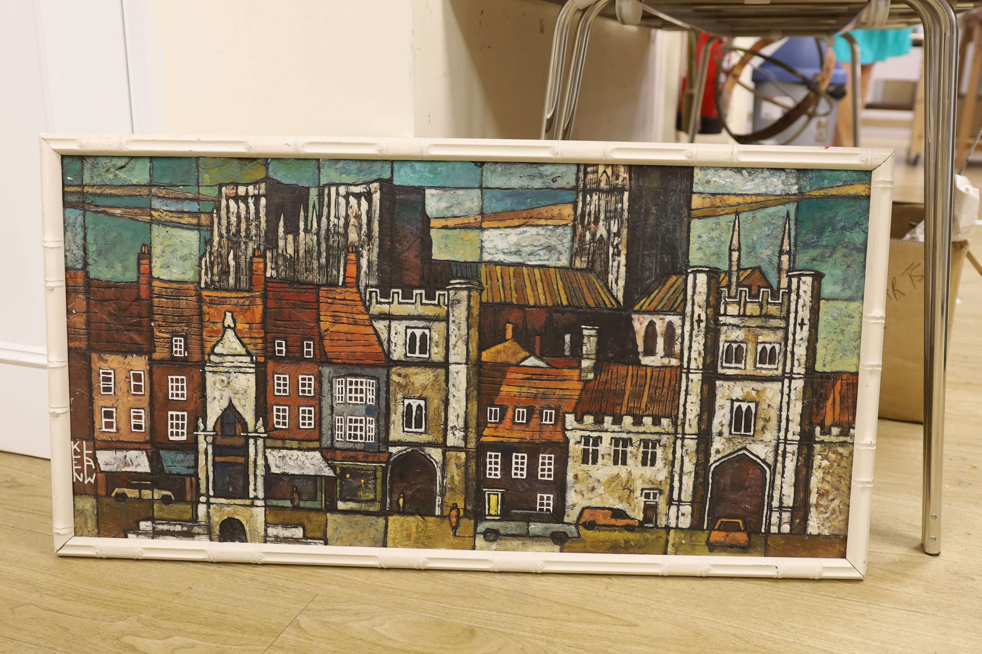Ken Law, mixed media and oil on board, Cubist style street scene, 44 x 92cm, housed in a faux bamboo frame
